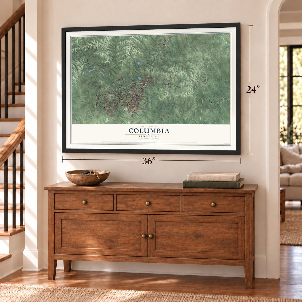 Columbia, Tennessee map, 24 x 36 inch print in a black frame above a dresser by a staircase
