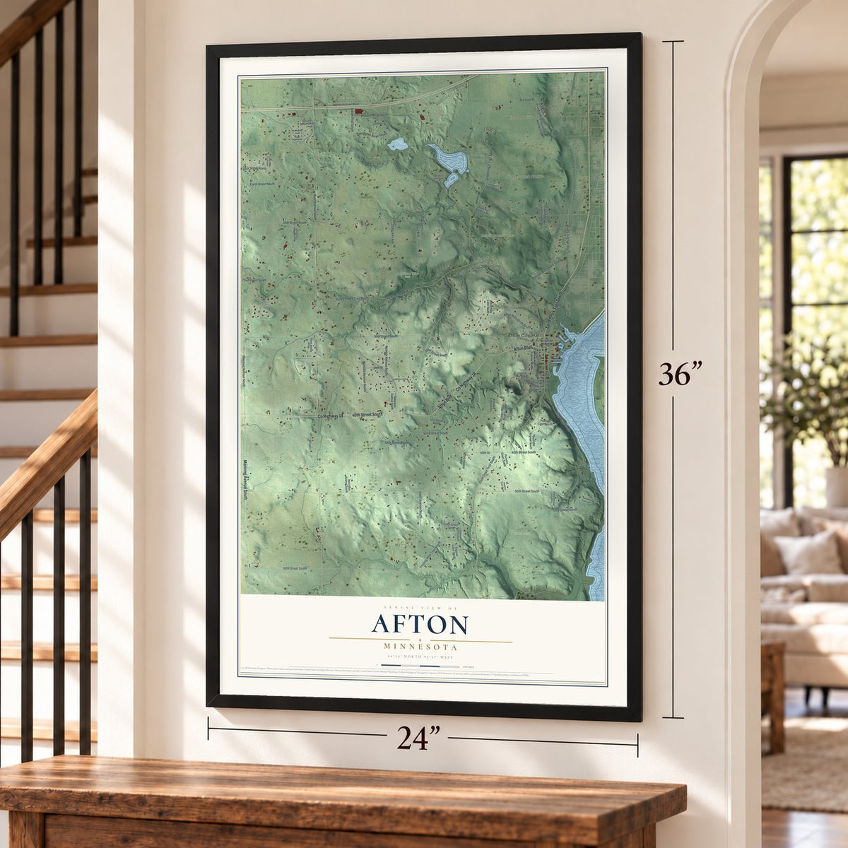 Afton, Minnesota map, 24 x 36 inch print in a black frame by a staircase