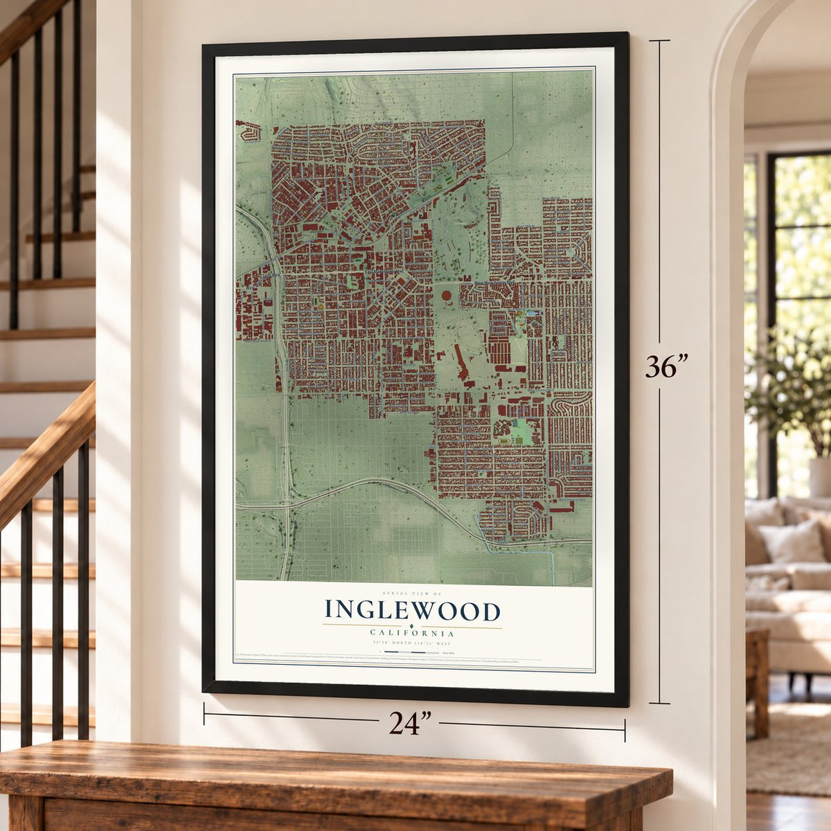 Inglewood, California map, 24 x 36 inch print in a black frame by a staircase