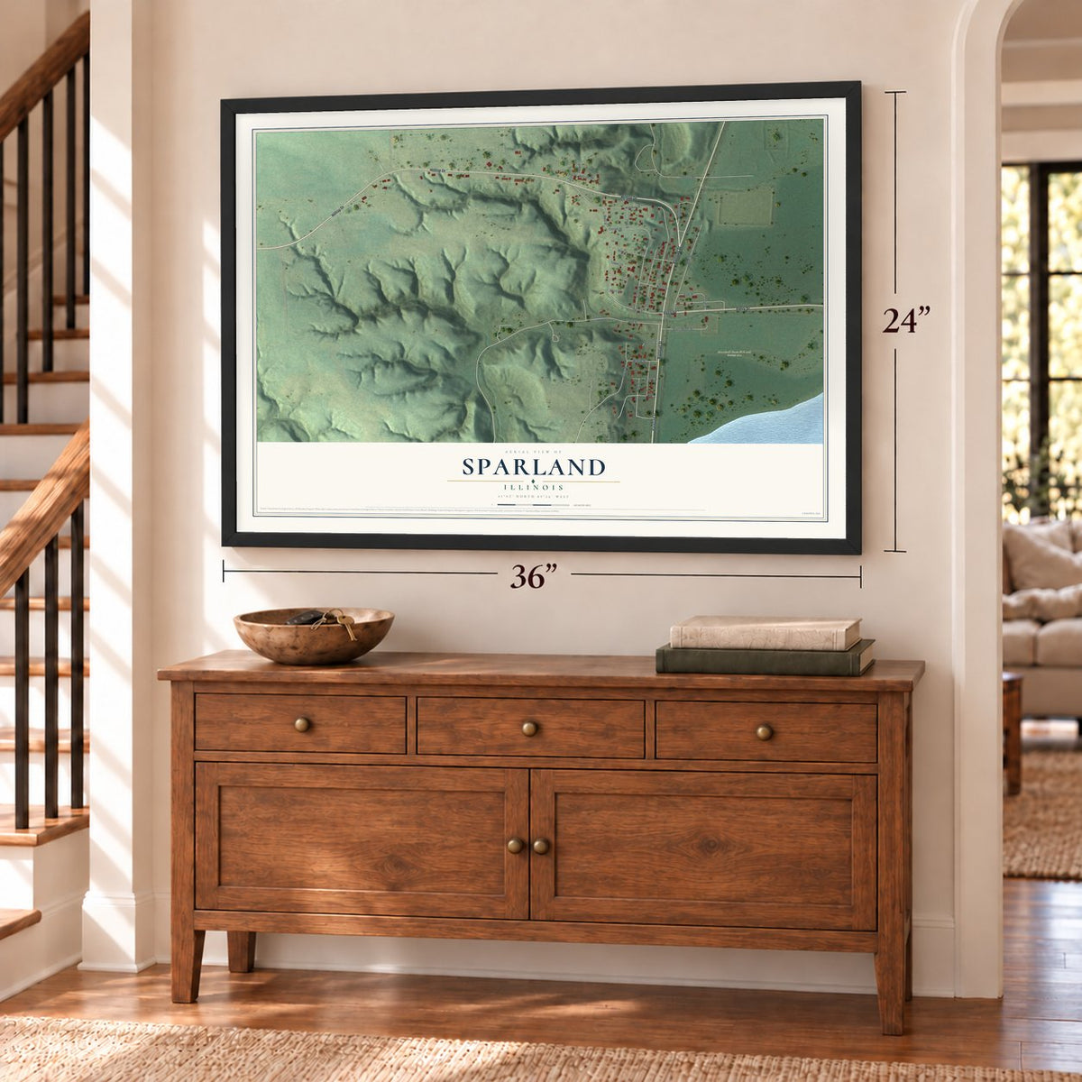 Sparland, Illinois map, 24 x 36 inch print in a black frame above a dresser by a staircase