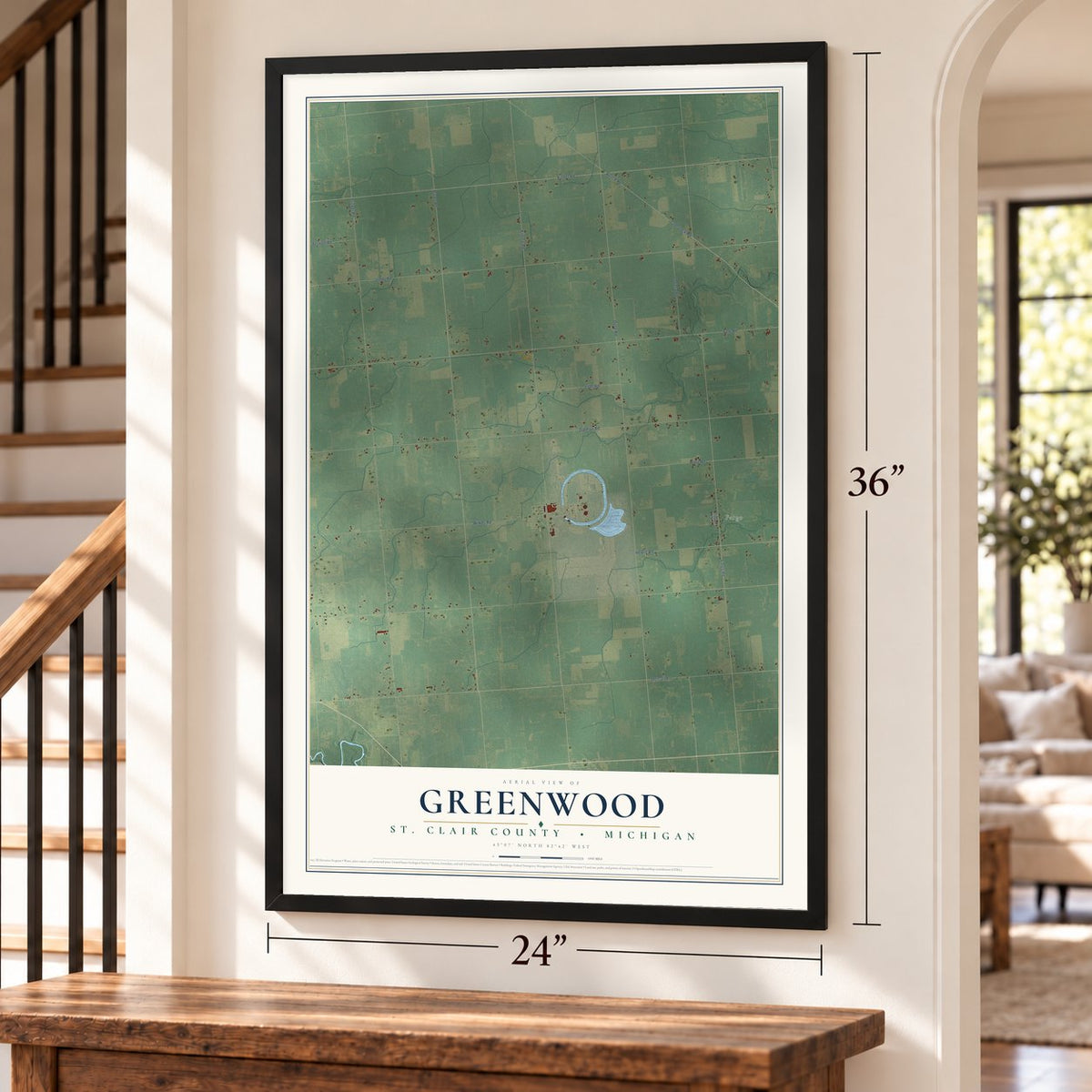 Greenwood, St. Clair County, Michigan map, 24 x 36 inch print in a black frame by a staircase