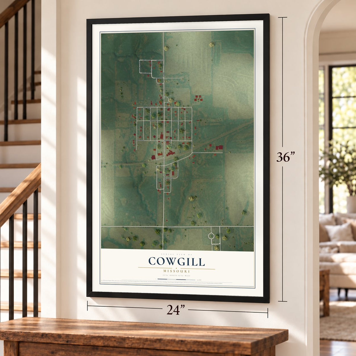 Cowgill, Missouri map, 24 x 36 inch print in a black frame by a staircase