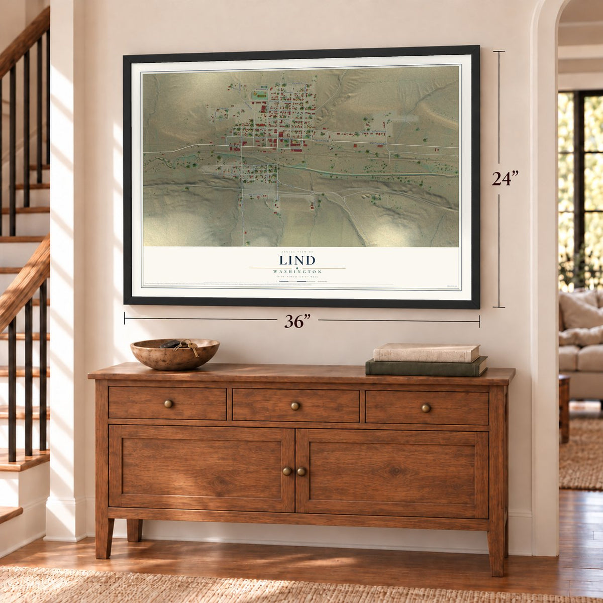 Lind, Washington map, 24 x 36 inch print in a black frame above a dresser by a staircase