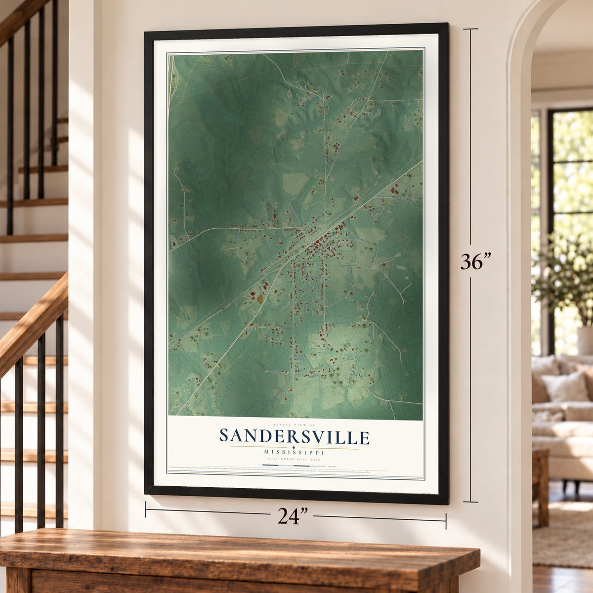 Sandersville, Mississippi map, 24 x 36 inch print in a black frame by a staircase