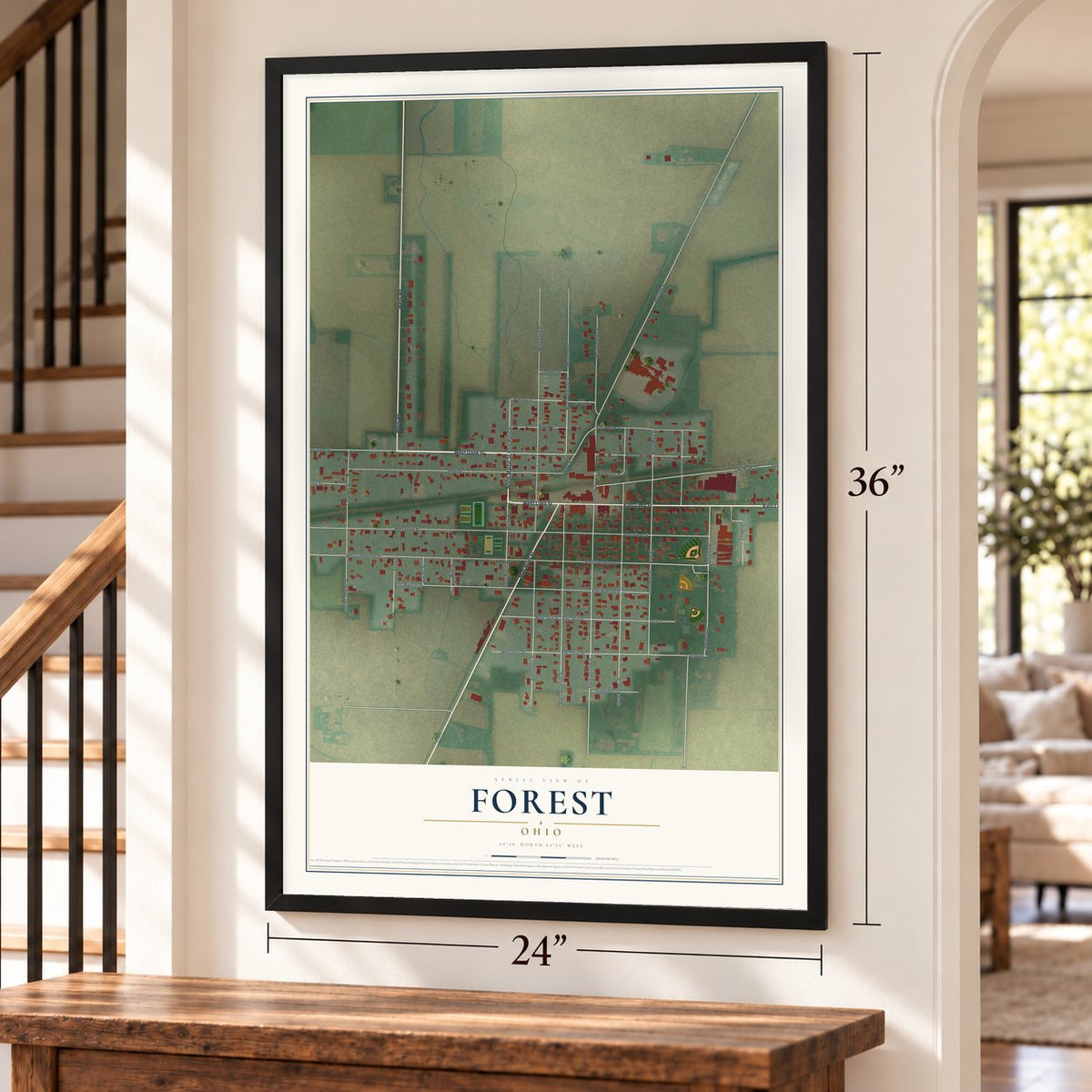 Forest, Ohio map, 24 x 36 inch print in a black frame by a staircase