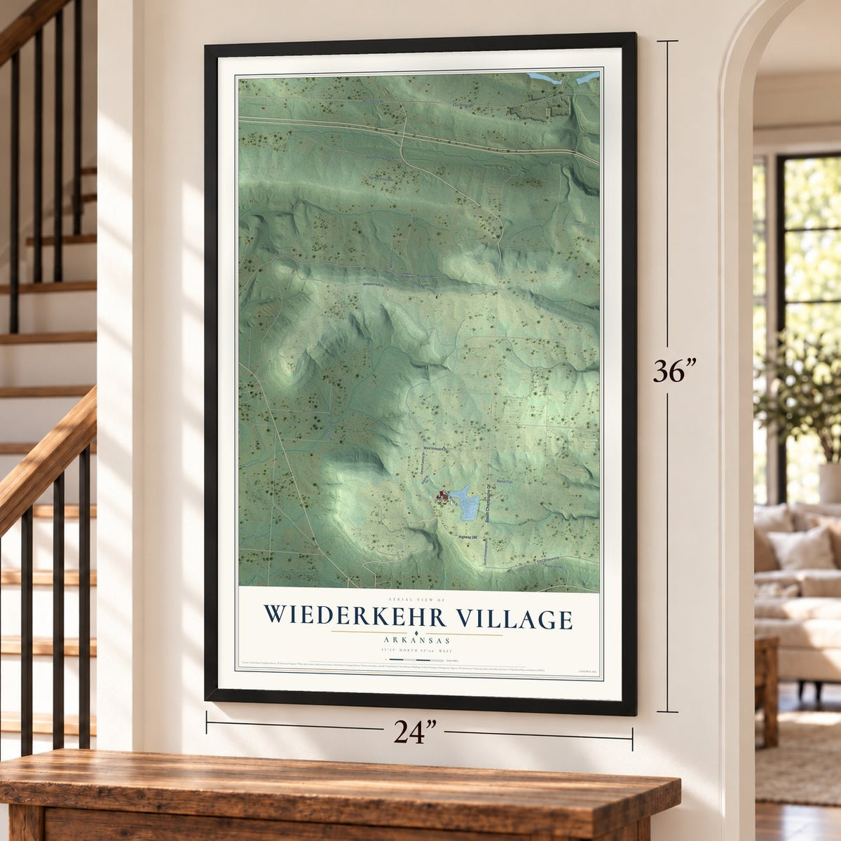Wiederkehr Village, Arkansas map, 24 x 36 inch print in a black frame by a staircase