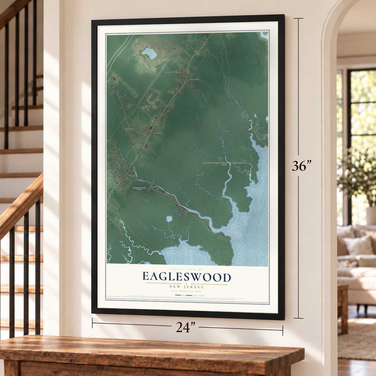 Eagleswood, New Jersey map, 24 x 36 inch print in a black frame by a staircase
