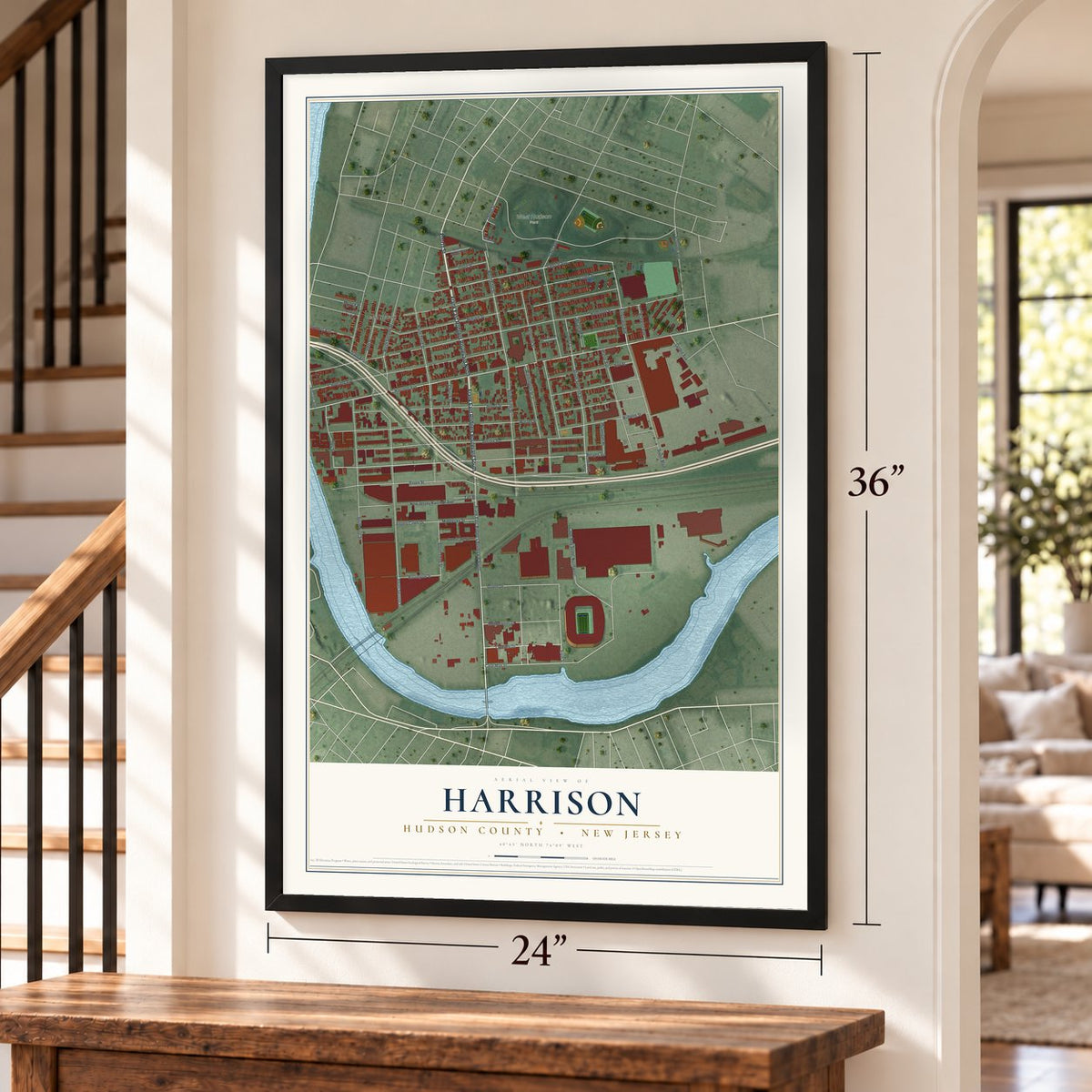 Harrison, Hudson County, New Jersey map, 24 x 36 inch print in a black frame by a staircase