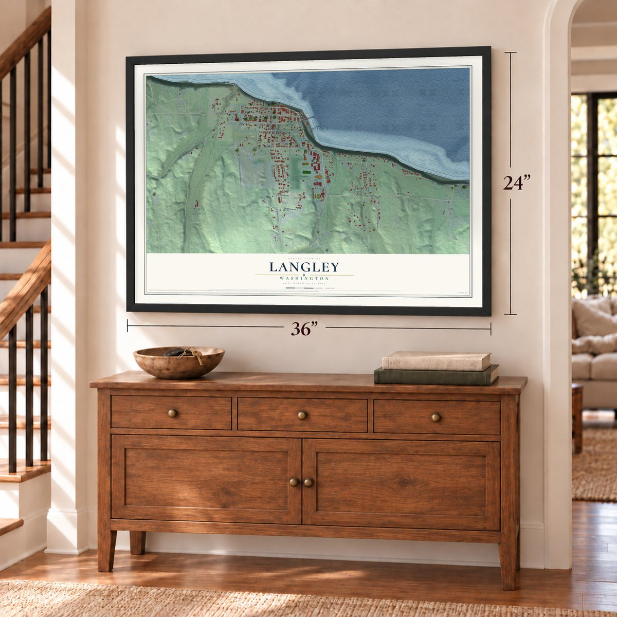 Langley, Washington map, 24 x 36 inch print in a black frame above a dresser by a staircase