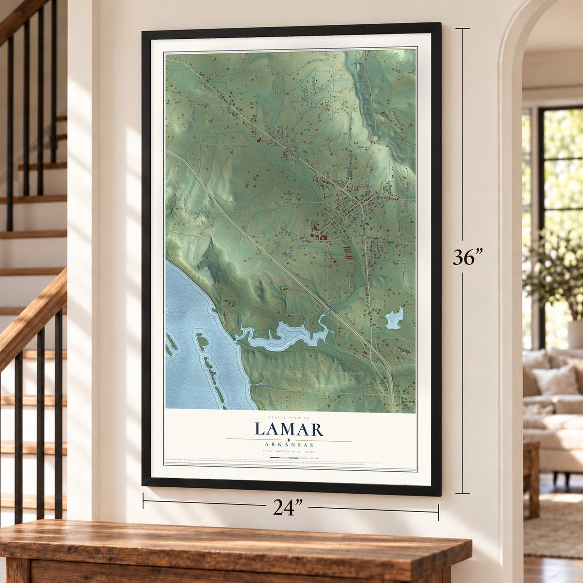 Lamar, Arkansas map, 24 x 36 inch print in a black frame by a staircase