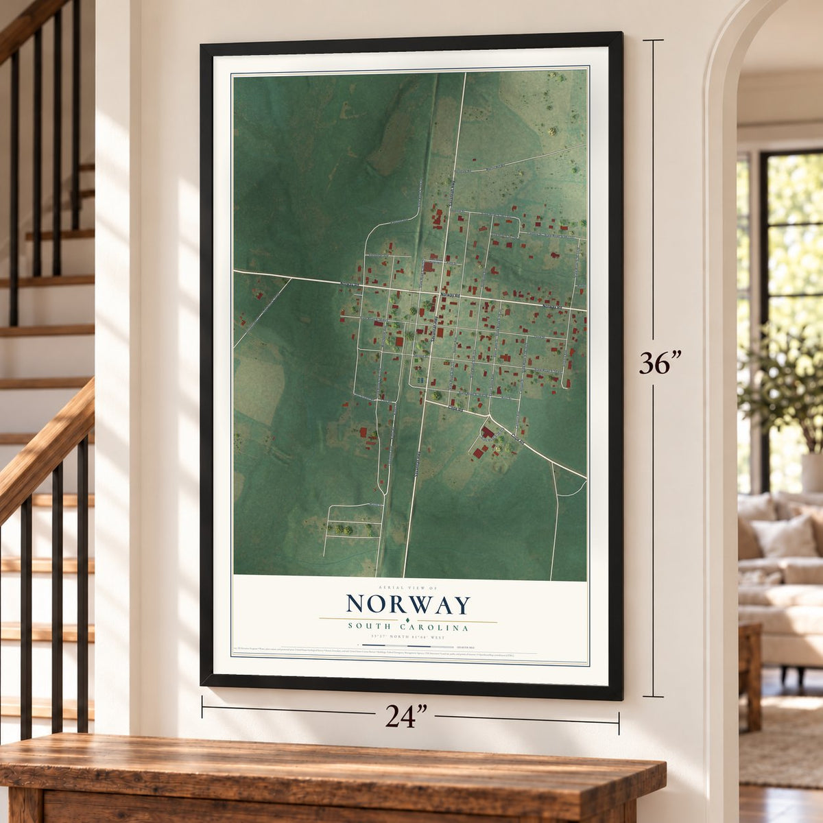 Norway, South Carolina map, 24 x 36 inch print in a black frame by a staircase