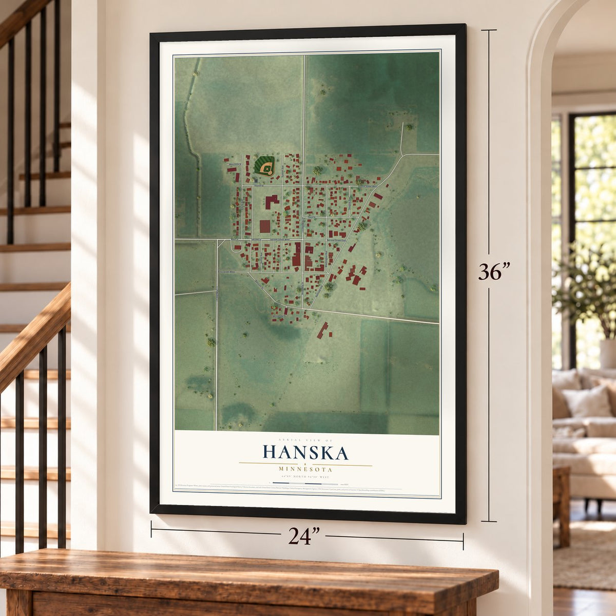 Hanska, Minnesota map, 24 x 36 inch print in a black frame by a staircase