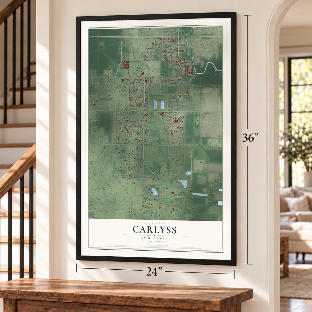 Carlyss, Louisiana map, 24 x 36 inch print in a black frame by a staircase
