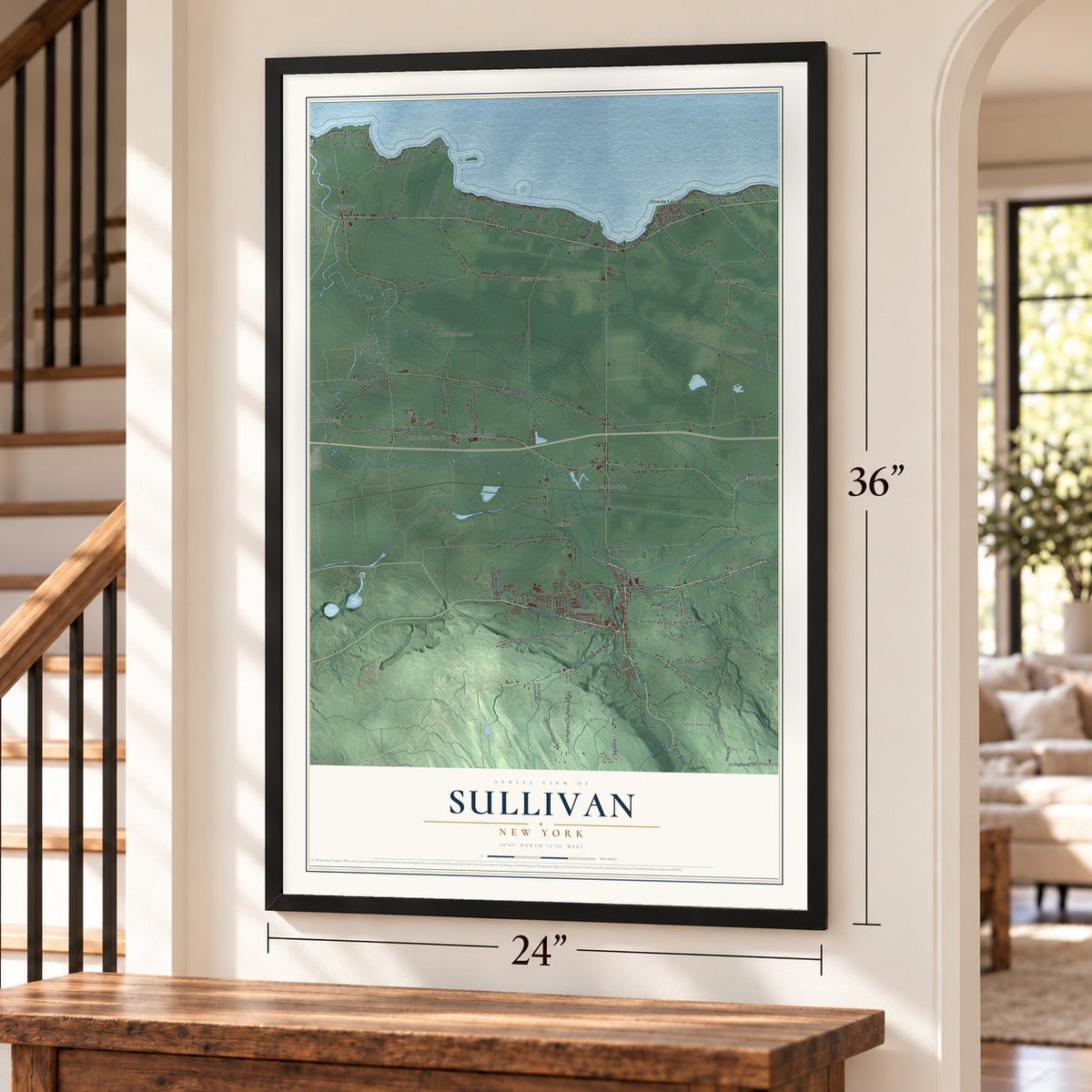 Sullivan, New York map, 24 x 36 inch print in a black frame by a staircase