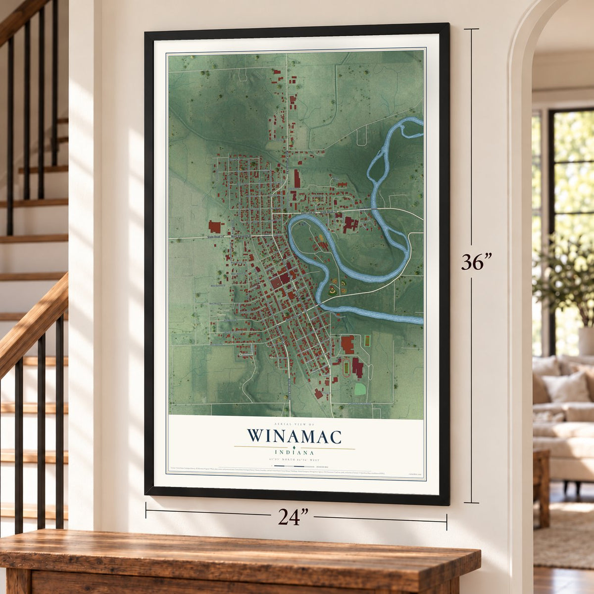 Winamac, Indiana map, 24 x 36 inch print in a black frame by a staircase