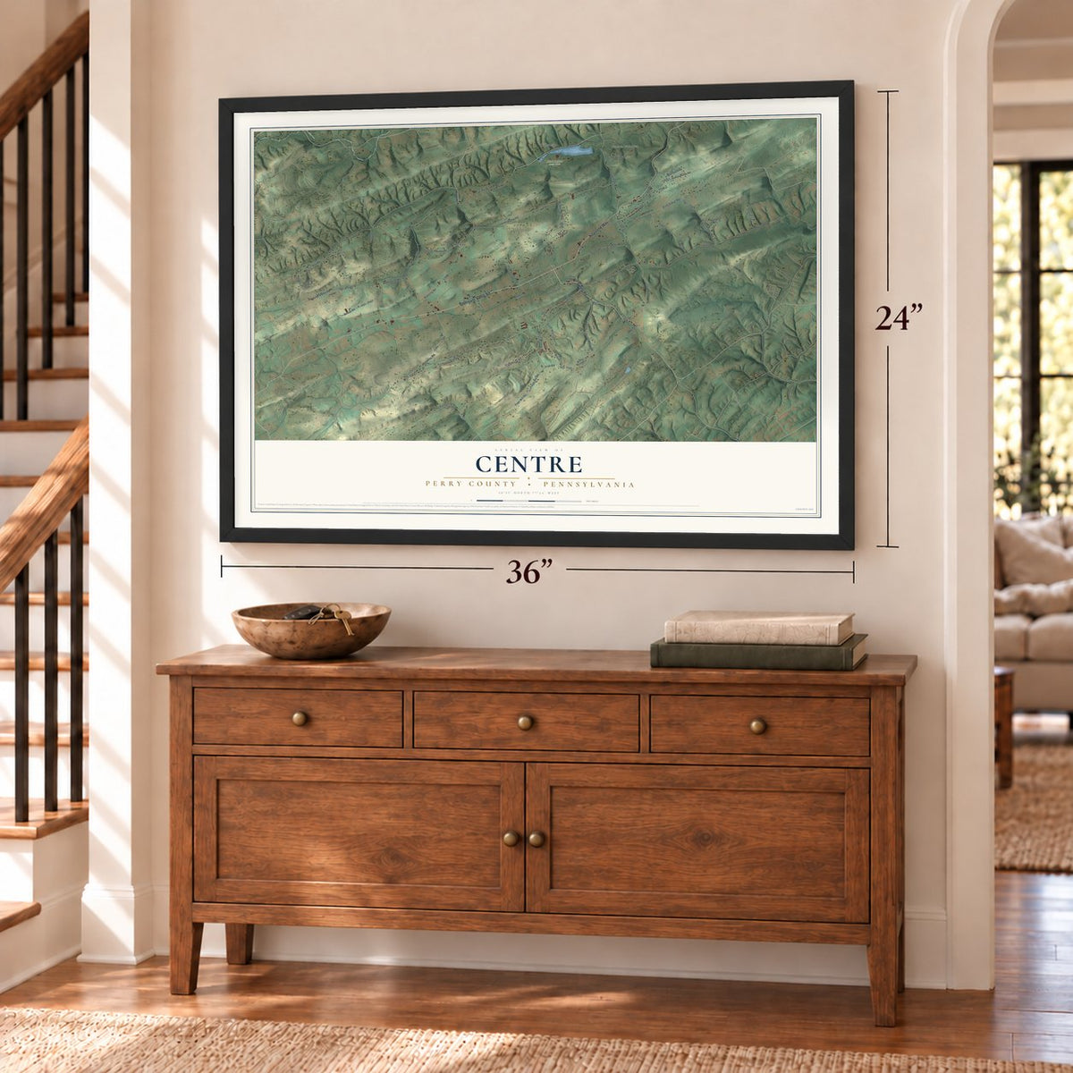 Centre, Perry County, Pennsylvania map, 24 x 36 inch print in a black frame above a dresser by a staircase