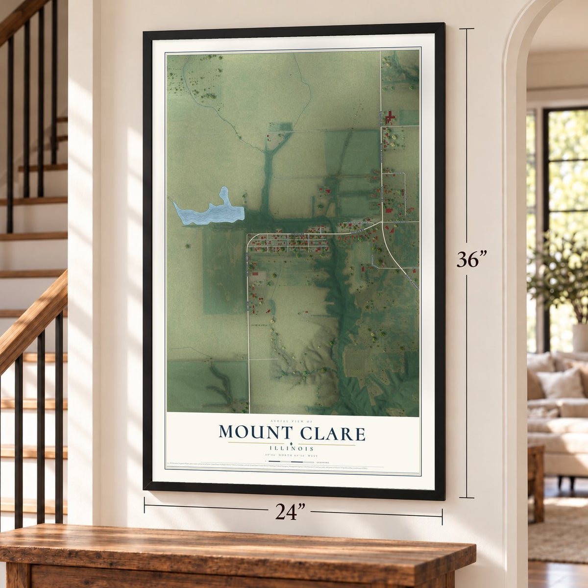 Mount Clare, Illinois map, 24 x 36 inch print in a black frame by a staircase