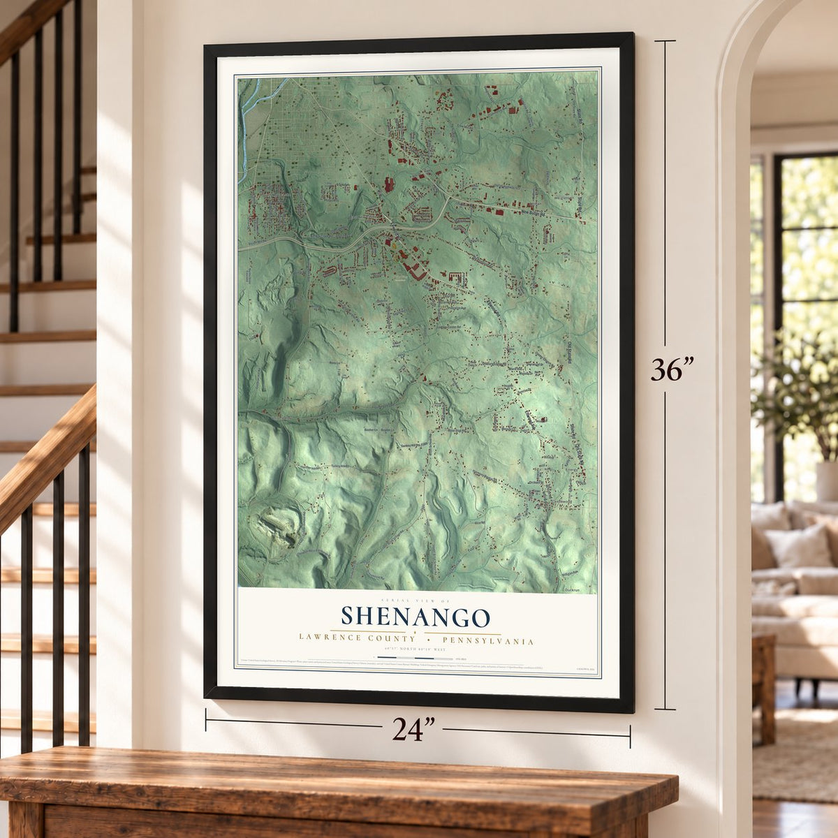 Shenango, Lawrence County, Pennsylvania map, 24 x 36 inch print in a black frame by a staircase