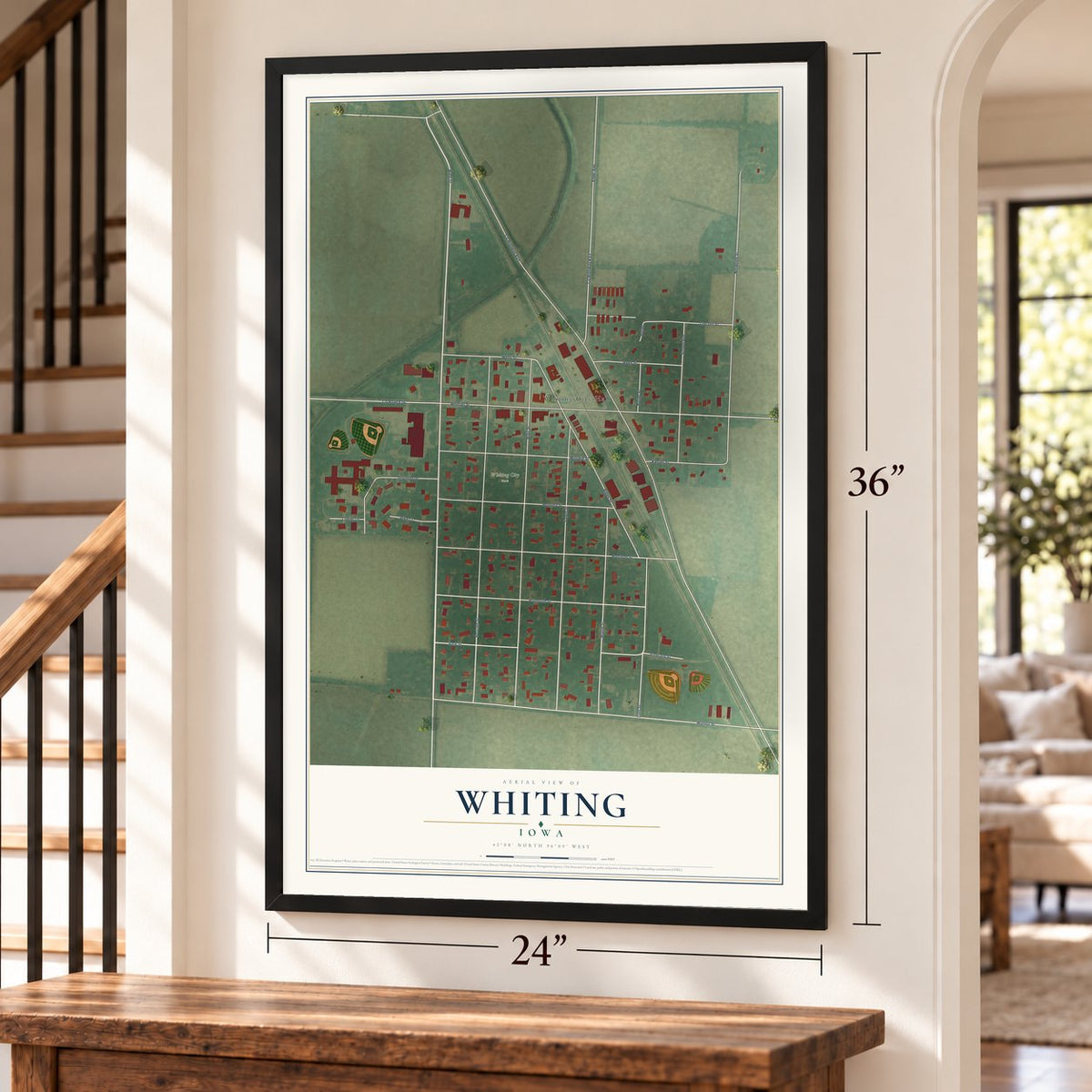 Whiting, Iowa map, 24 x 36 inch print in a black frame by a staircase
