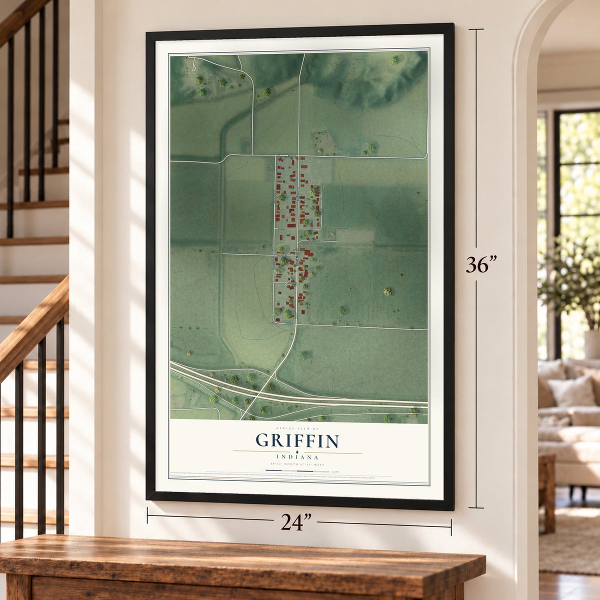 Griffin, Indiana map, 24 x 36 inch print in a black frame by a staircase