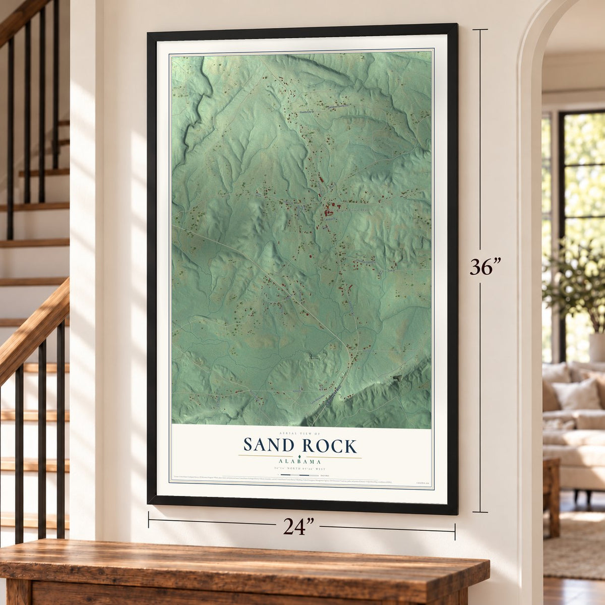 Sand Rock, Alabama map, 24 x 36 inch print in a black frame by a staircase