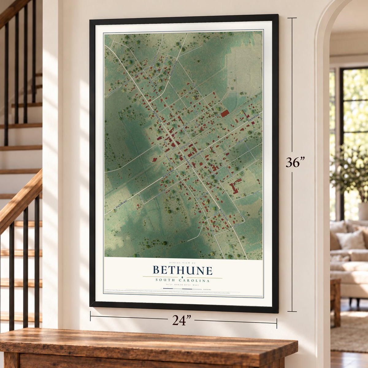 Bethune, South Carolina map, 24 x 36 inch print in a black frame by a staircase