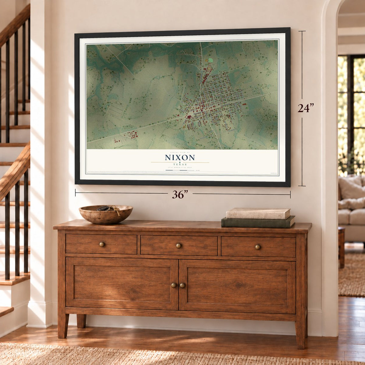 Nixon, Texas map, 24 x 36 inch print in a black frame above a dresser by a staircase