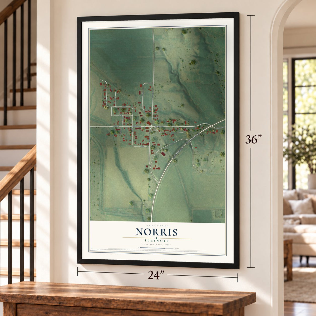 Norris, Illinois map, 24 x 36 inch print in a black frame by a staircase