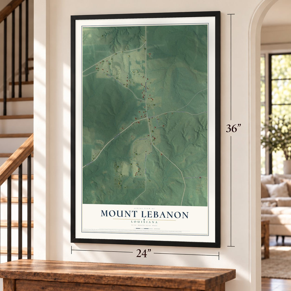 Mount Lebanon, Louisiana map, 24 x 36 inch print in a black frame by a staircase