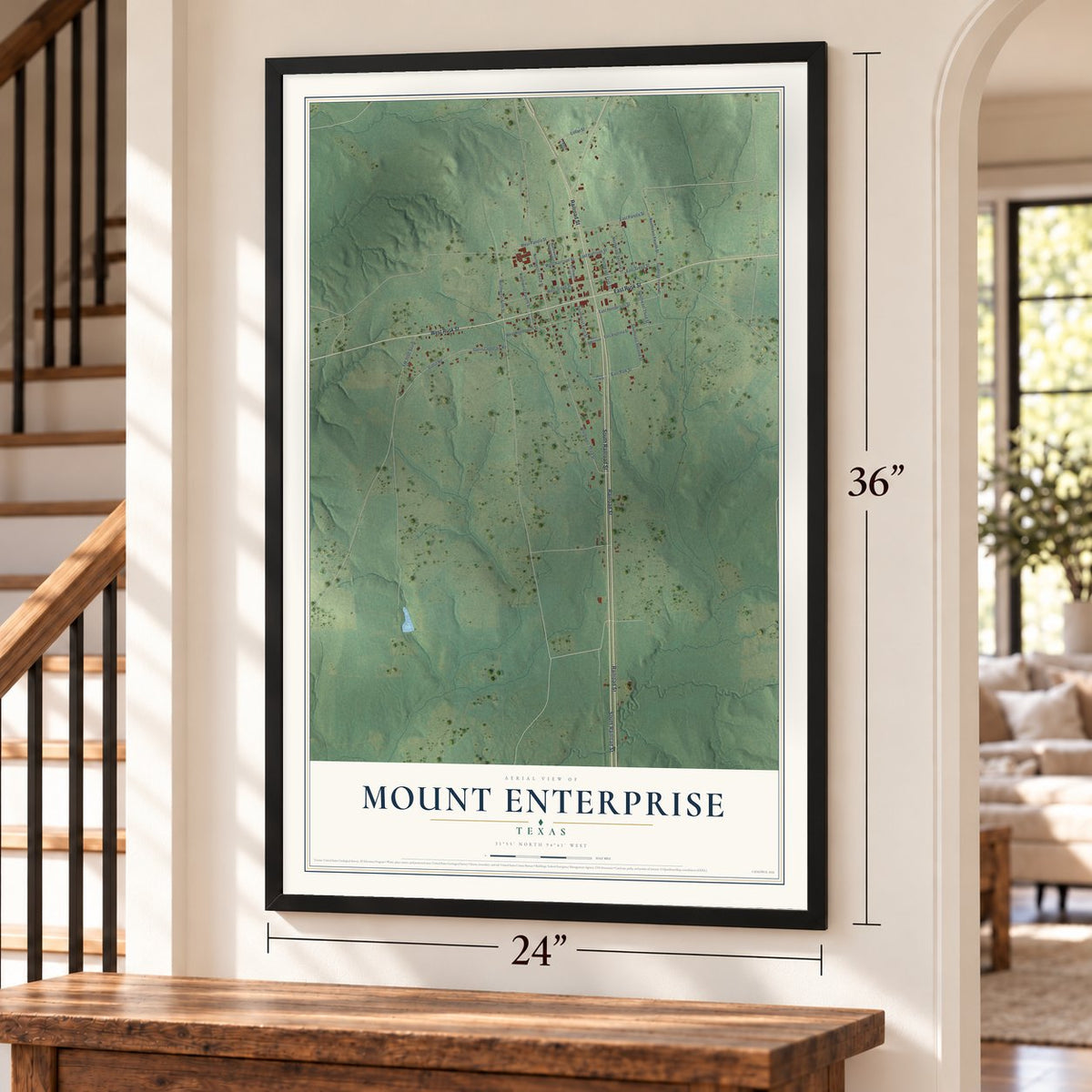 Mount Enterprise, Texas map, 24 x 36 inch print in a black frame by a staircase