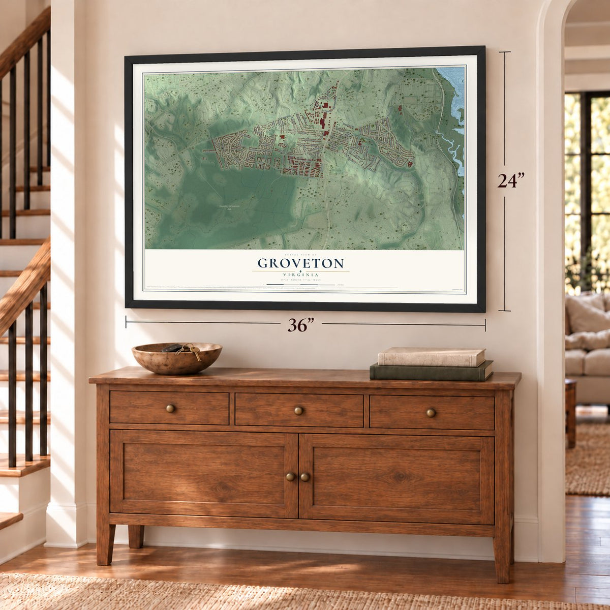 Groveton, Virginia map, 24 x 36 inch print in a black frame above a dresser by a staircase