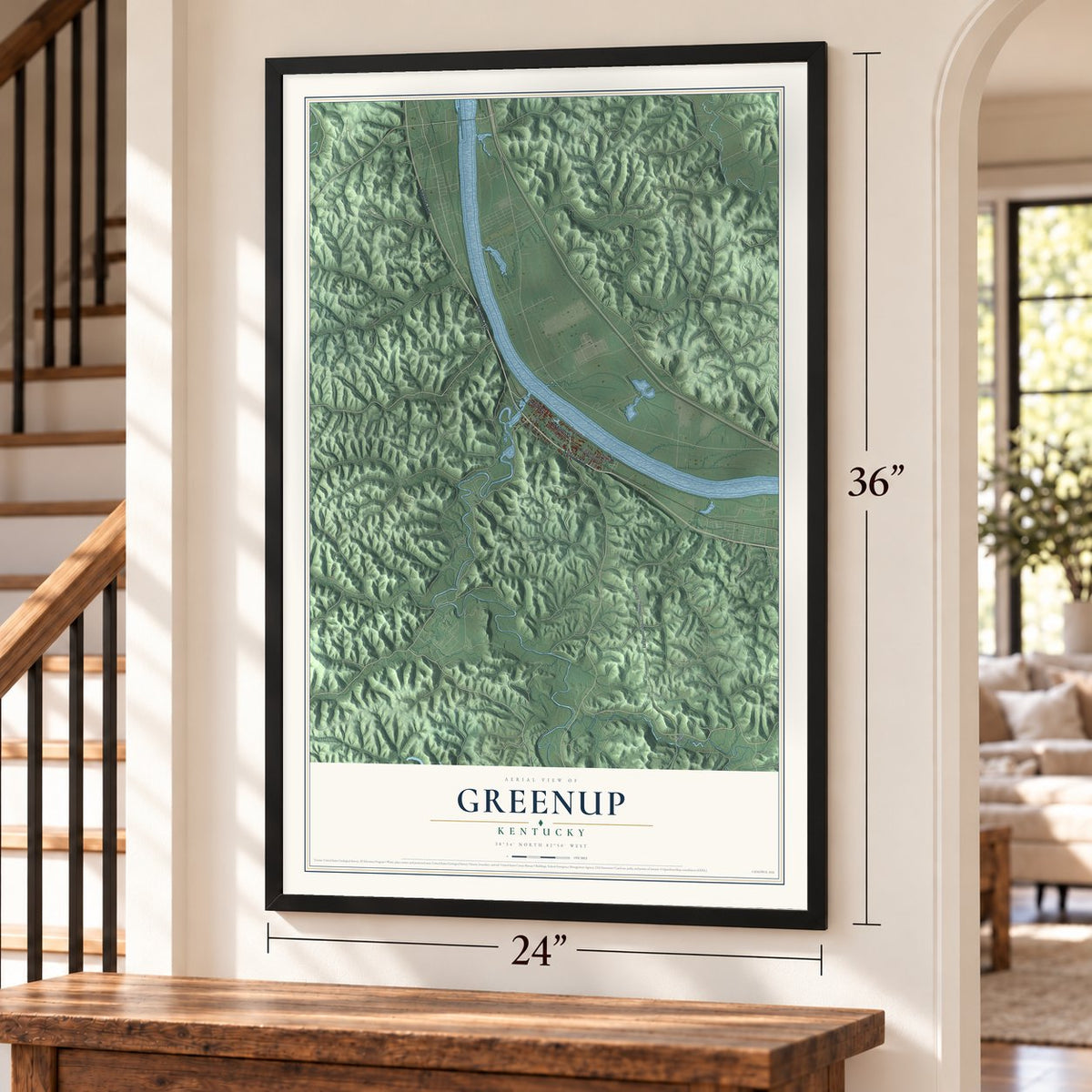 Greenup, Kentucky map, 24 x 36 inch print in a black frame by a staircase