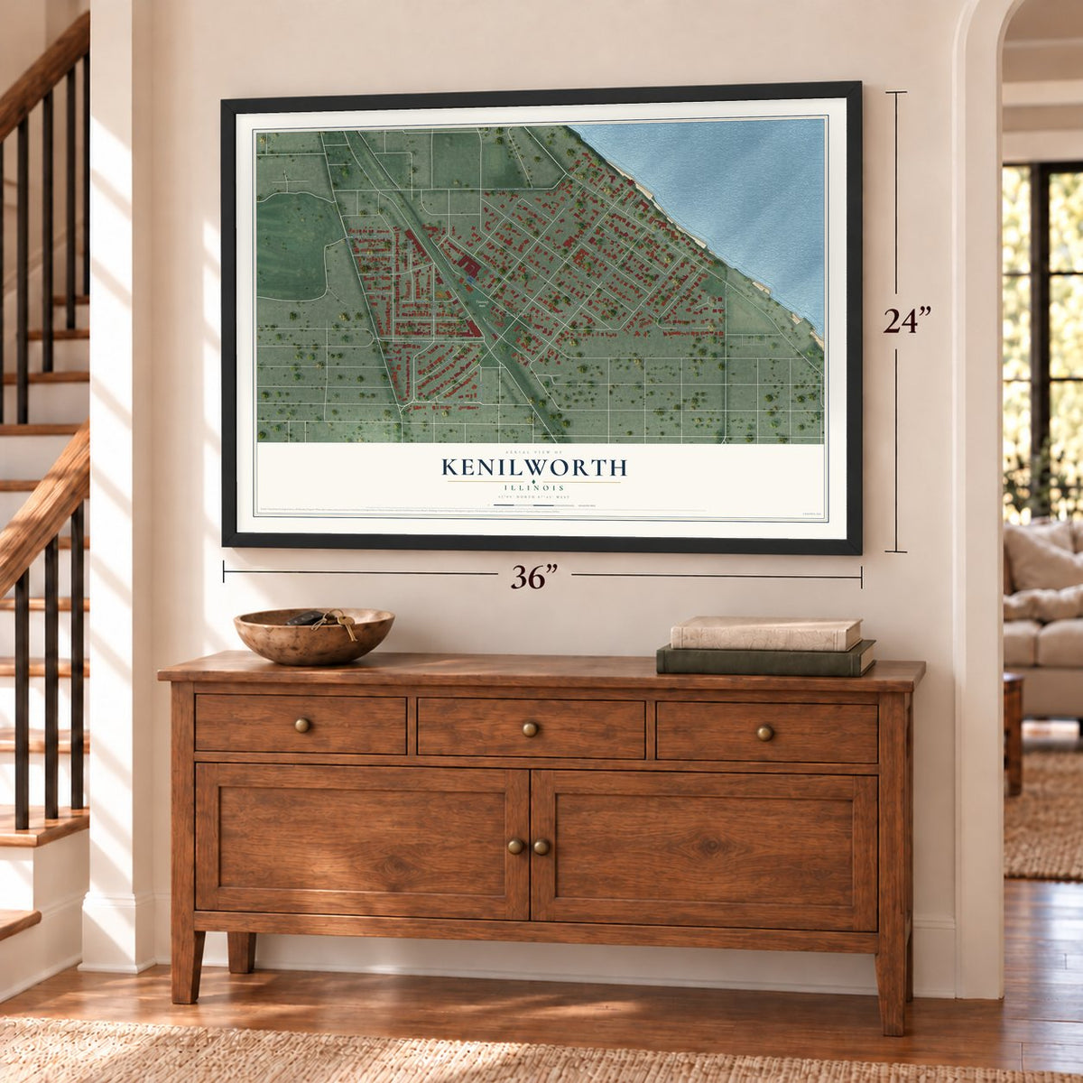 Kenilworth, Illinois map, 24 x 36 inch print in a black frame above a dresser by a staircase