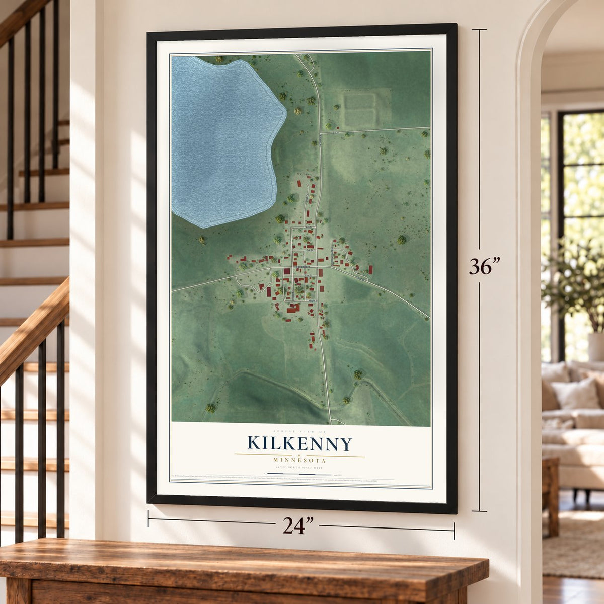 Kilkenny, Minnesota map, 24 x 36 inch print in a black frame by a staircase