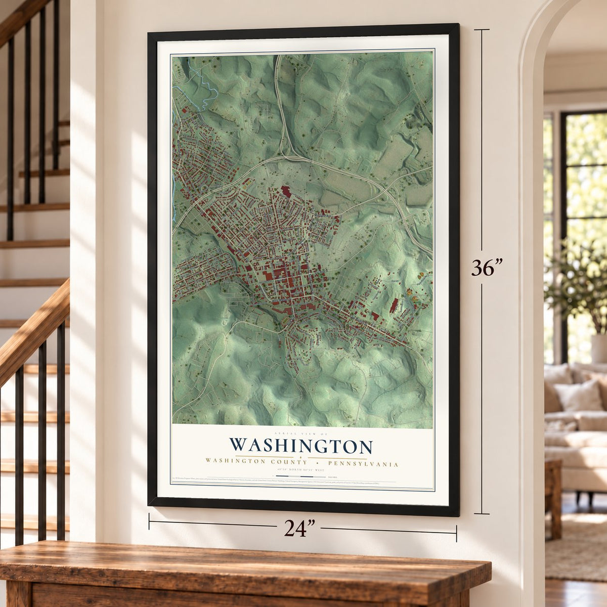 Washington, Washington County, Pennsylvania map, 24 x 36 inch print in a black frame by a staircase