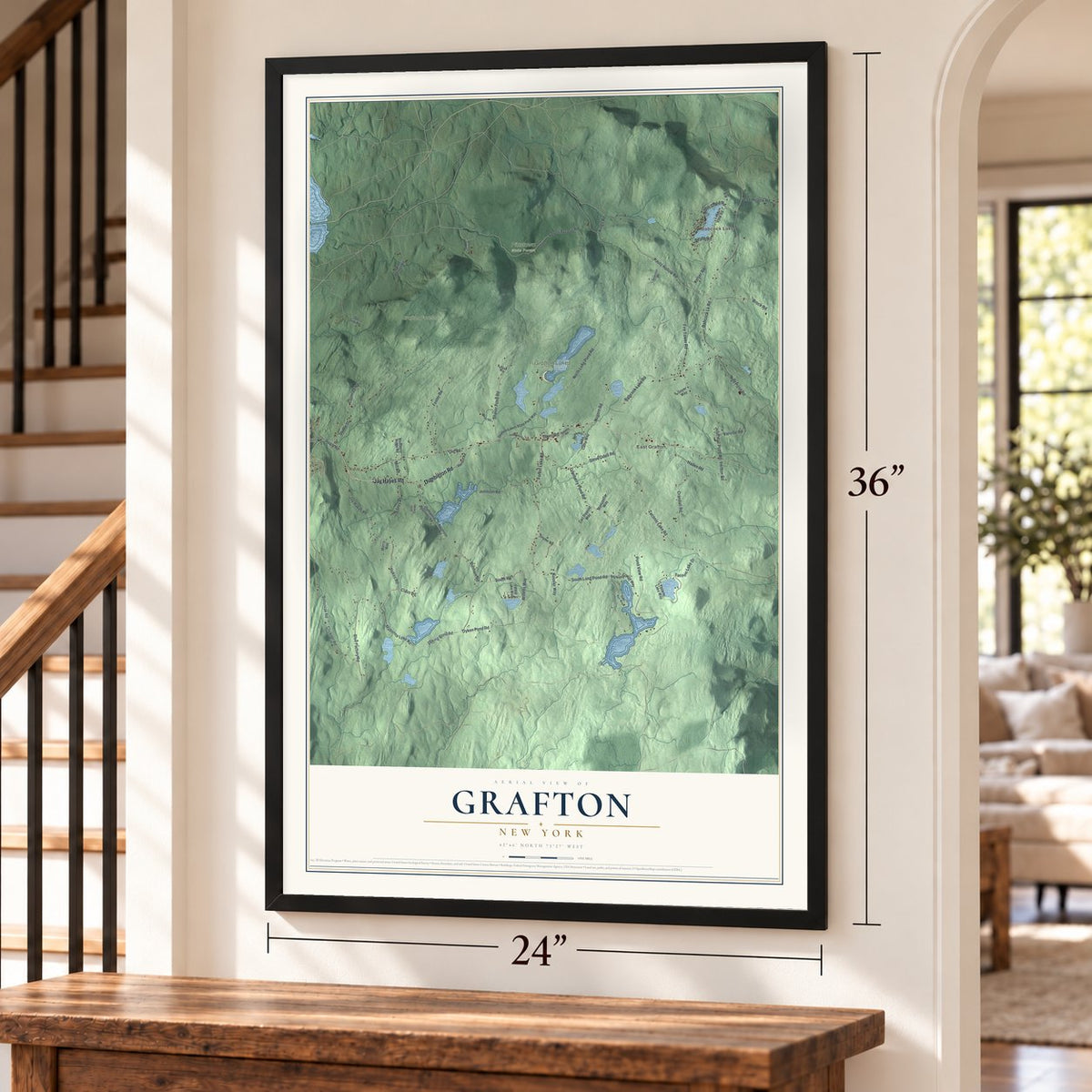 Grafton, New York map, 24 x 36 inch print in a black frame by a staircase