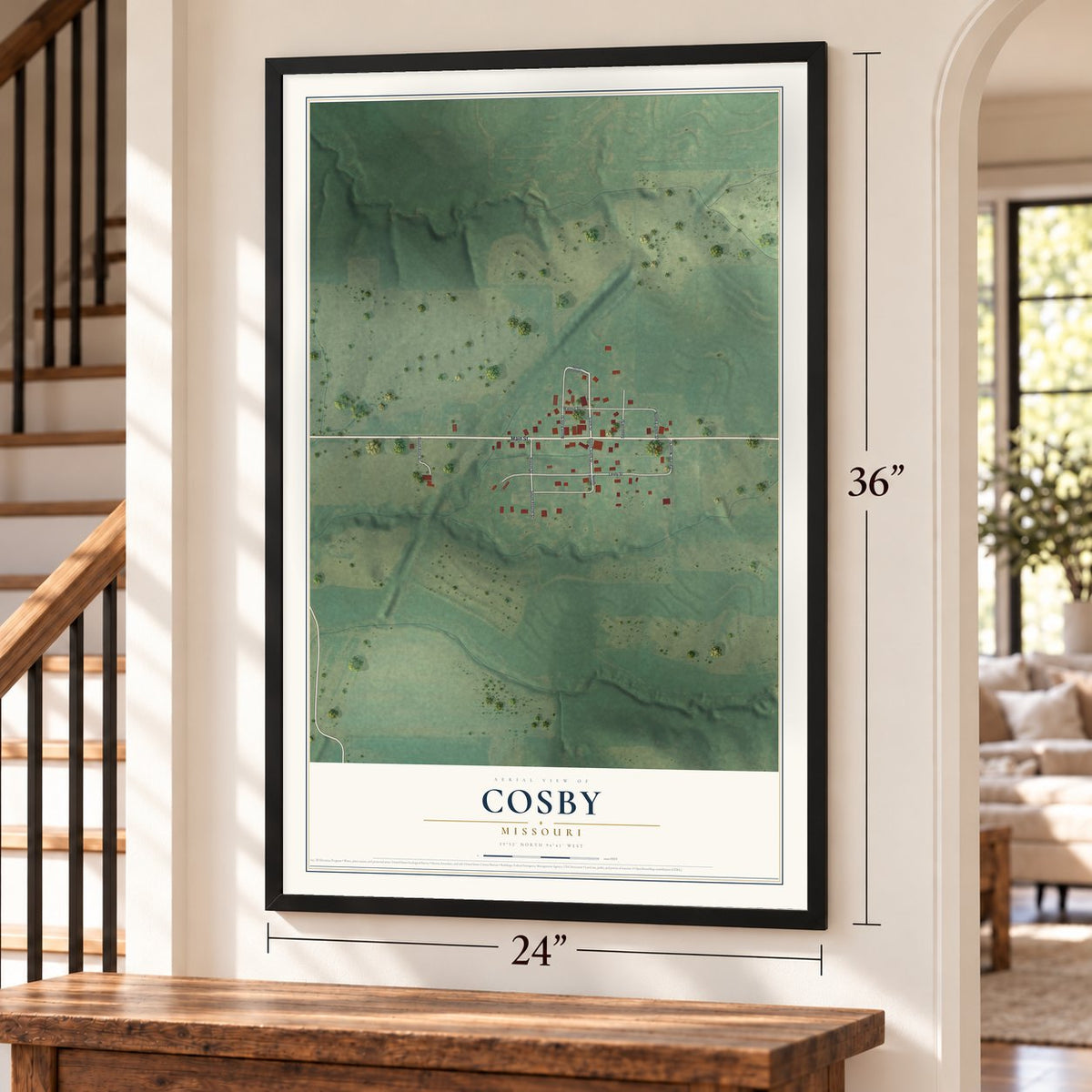 Cosby, Missouri map, 24 x 36 inch print in a black frame by a staircase