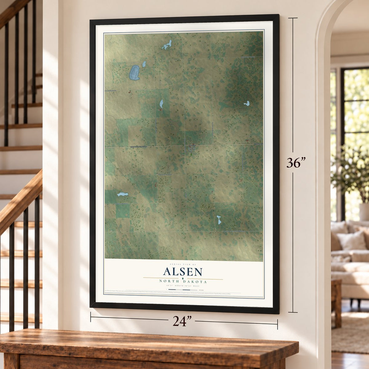 Alsen, North Dakota map, 24 x 36 inch print in a black frame by a staircase