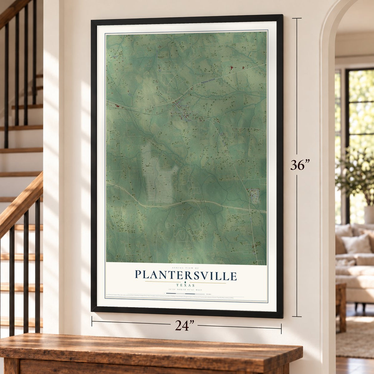 Plantersville, Texas map, 24 x 36 inch print in a black frame by a staircase
