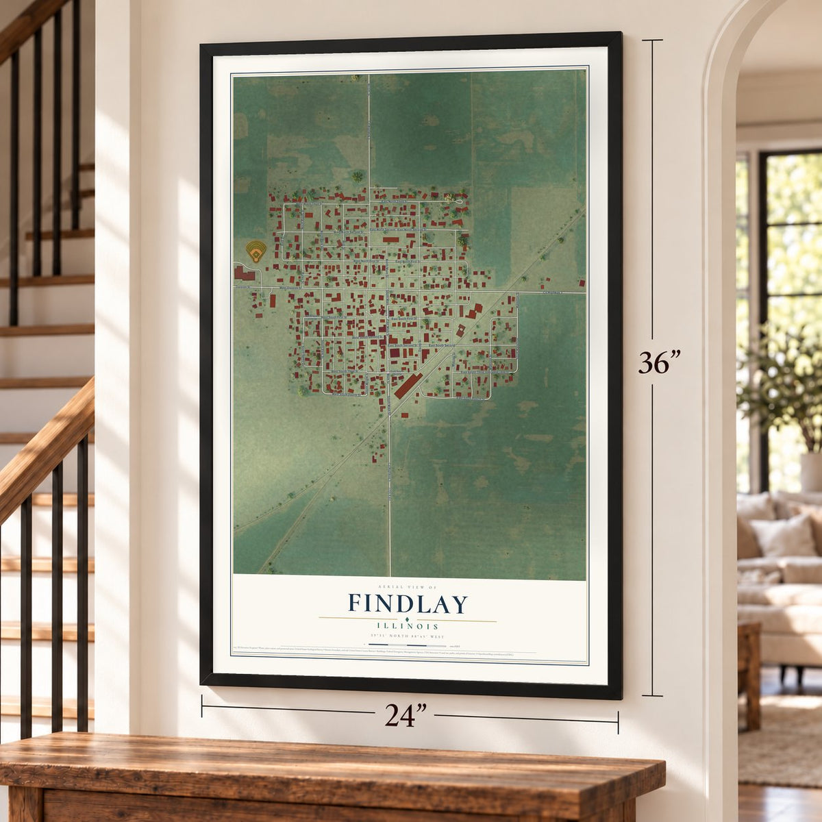 Findlay, Illinois map, 24 x 36 inch print in a black frame by a staircase