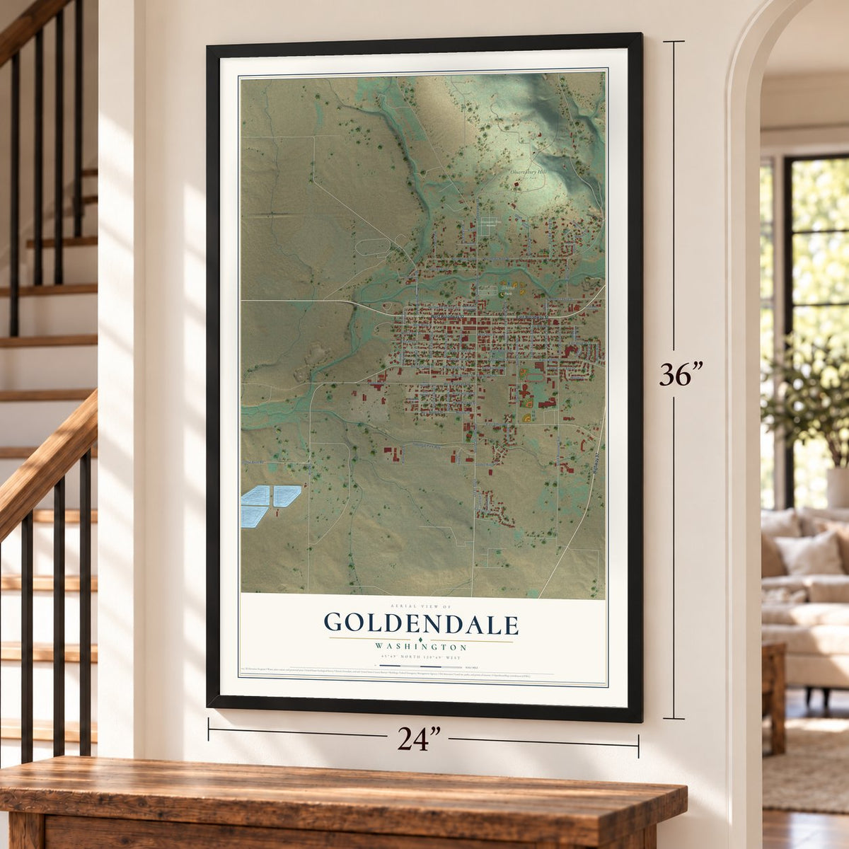 Goldendale, Washington map, 24 x 36 inch print in a black frame by a staircase