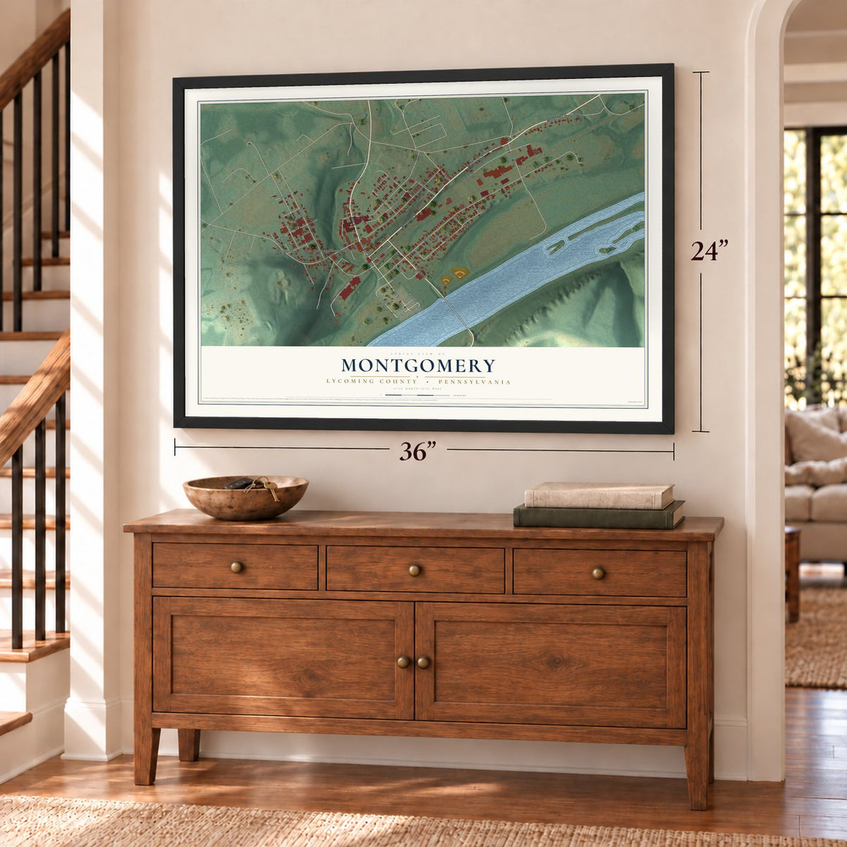 Montgomery, Lycoming County, Pennsylvania map, 24 x 36 inch print in a black frame above a dresser by a staircase