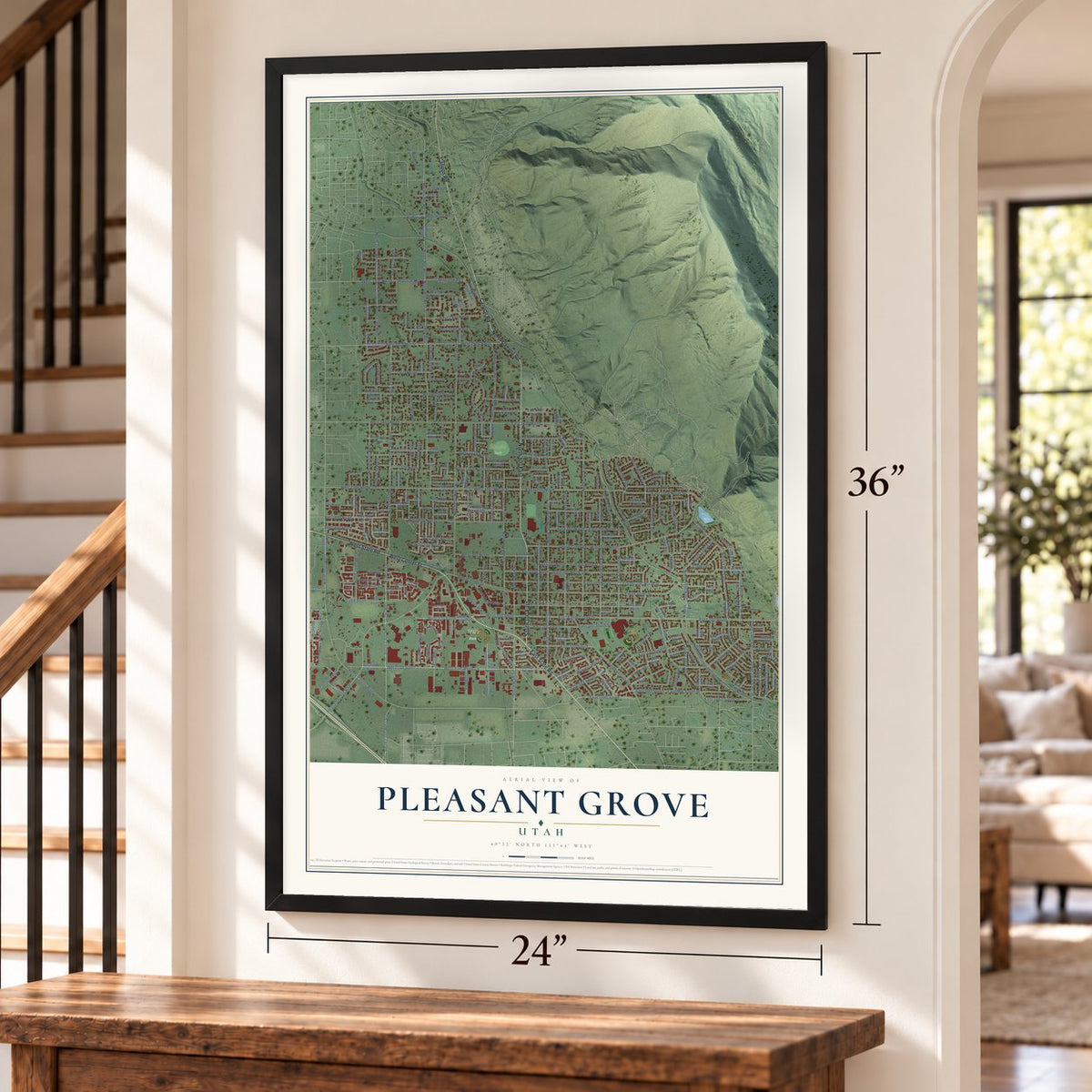 Pleasant Grove, Utah map, 24 x 36 inch print in a black frame by a staircase