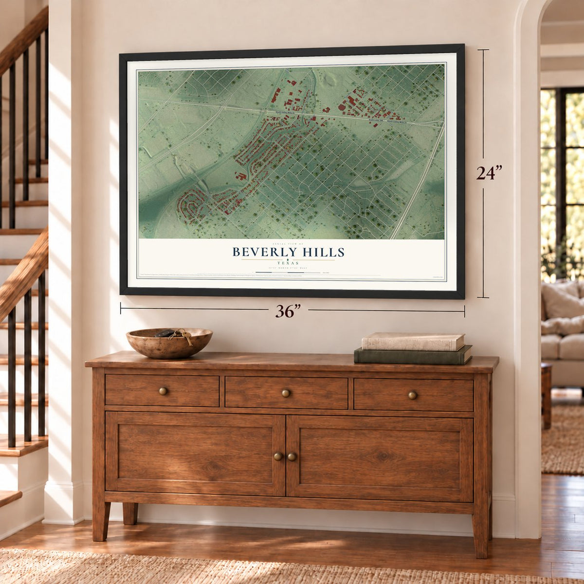 Beverly Hills, Texas map, 24 x 36 inch print in a black frame above a dresser by a staircase