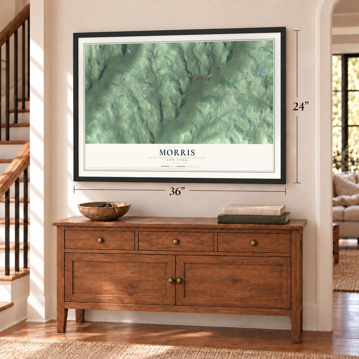 Morris, New York map, 24 x 36 inch print in a black frame above a dresser by a staircase