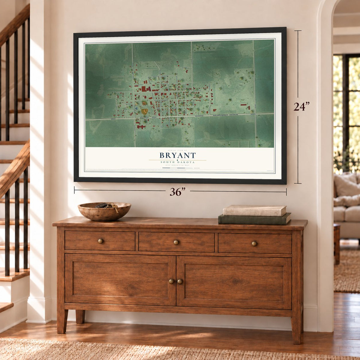Bryant, South Dakota map, 24 x 36 inch print in a black frame above a dresser by a staircase