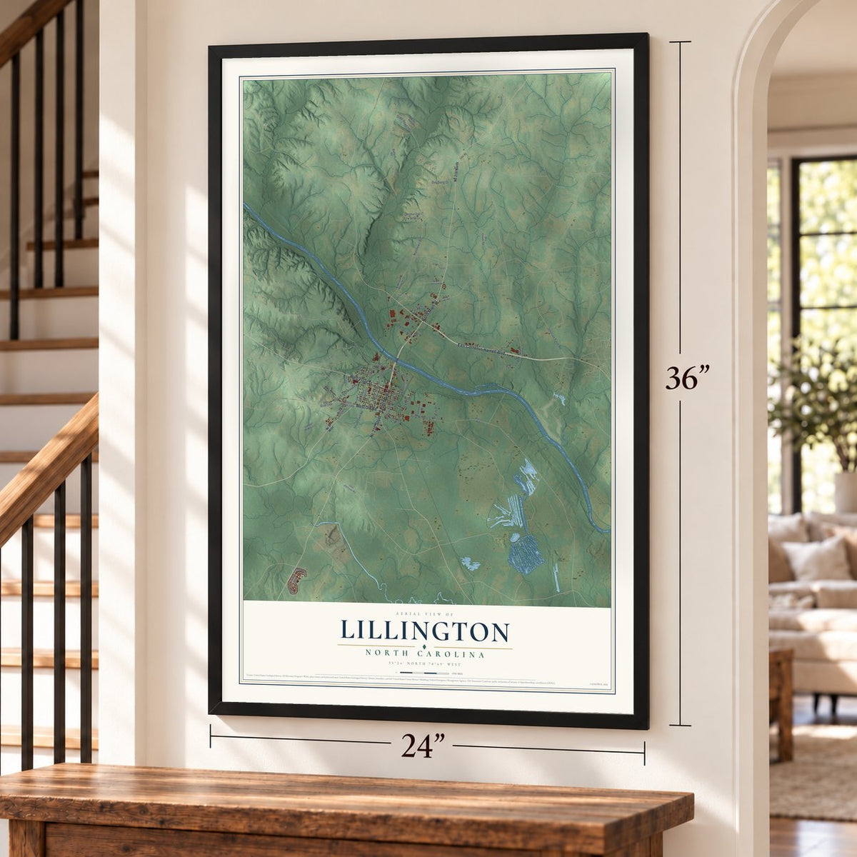 Lillington, North Carolina map, 24 x 36 inch print in a black frame by a staircase