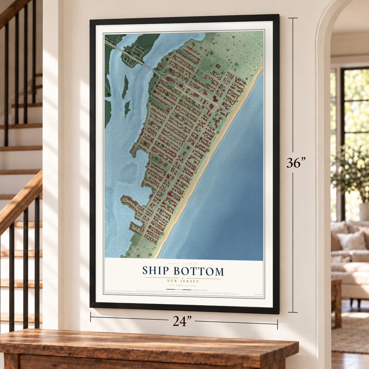 Ship Bottom, New Jersey map, 24 x 36 inch print in a black frame by a staircase