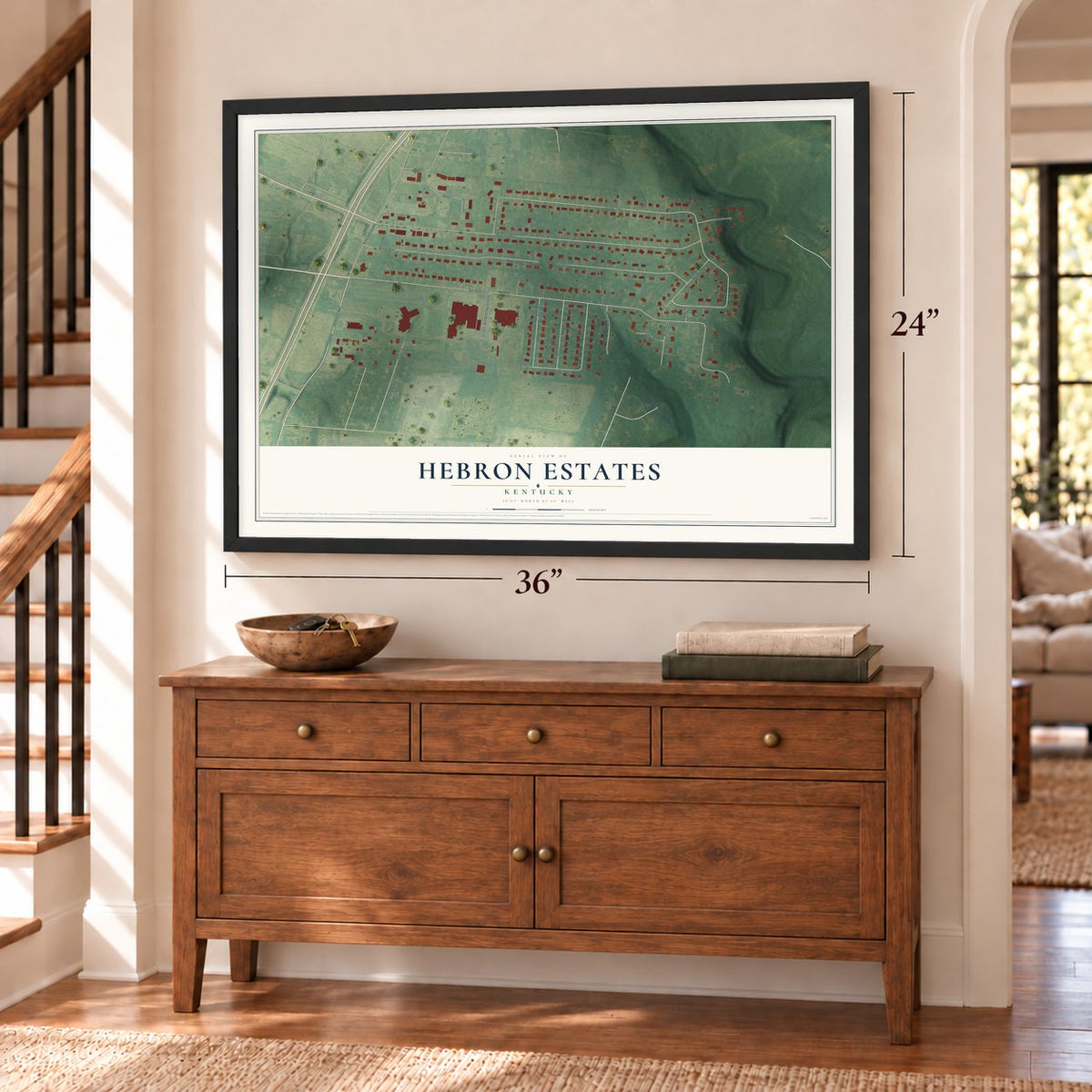 Hebron Estates, Kentucky map, 24 x 36 inch print in a black frame above a dresser by a staircase