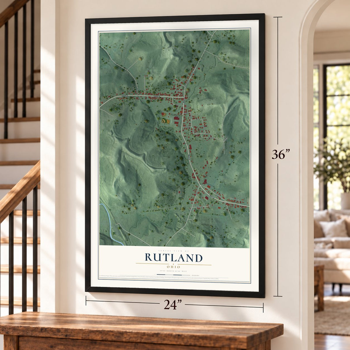 Rutland, Ohio map, 24 x 36 inch print in a black frame by a staircase